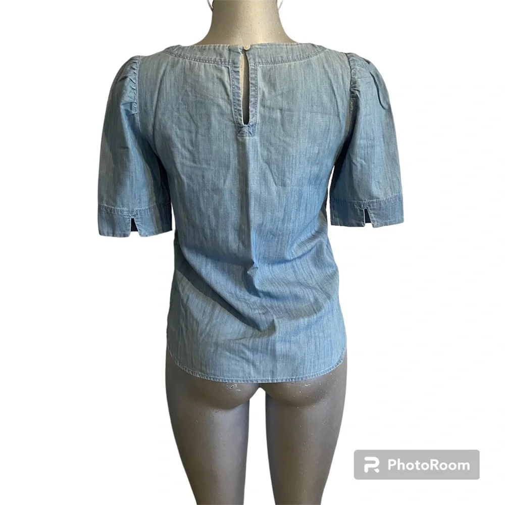 LOFT Chambray Boho Top Blouse Elbow Puff Sleeve Peasant Coastal Oversized XS
